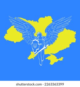 Vector illustration of a Ukrainian Cossack warrior with angel wings, with a sword and shield against the background of the outline of Ukraine. The image is yellow-blue.