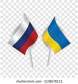 Vector illustration of the Ukrainian flag and Russian flag ribbon on a transparent background, isolated. Realistic vector