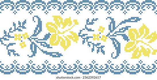 Vector illustration of Ukrainian floral ornament in ethnic style, identity, vyshyvanka, embroidery for print clothes, websites, banners. Background. Geometric design, border, copy space, frame