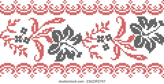 Vector illustration of Ukrainian floral ornament in ethnic style, identity, vyshyvanka, embroidery for print clothes, websites, banners. Background. Geometric design, border, copy space, frame