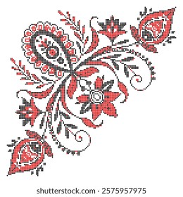 Vector illustration of Ukrainian floral ornament in ethnic style, identity, vyshyvanka, embroidery for print clothes, websites, banners. Background. Geometric design, copy space, frame