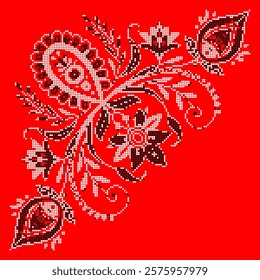 Vector illustration of Ukrainian floral ornament in ethnic style, identity, vyshyvanka, embroidery for print clothes, websites, banners. Background. Geometric design, copy space, frame