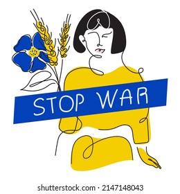 Vector illustration with Ukrainian girl in nationality Ukrainian flag color and lettering STOP WAR. Global politics, NO WAR, aggression problem picture in continuous line art style