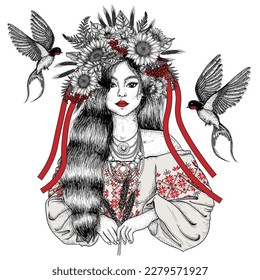 Vector illustration of a Ukrainian girl in a wreath, embroidered clothes, with ears of wheat in her hands and swallows in engraving style