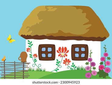 Vector illustration of Ukrainian house, mallow flowers and wooden fence. Traditional ancient build. 