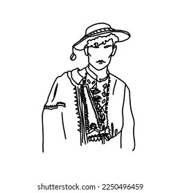 Vector illustration of Ukrainian hutsul man wearing traditional folk costume. Line cossack drawing