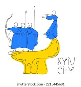 Vector illustration Ukrainian lettering  - KYIV CITY with founders Kyi, Shchek, Khoryv, Libid. Ukraine picture in hand drawn one line art style for postcard and other merch about Support Ukraine.