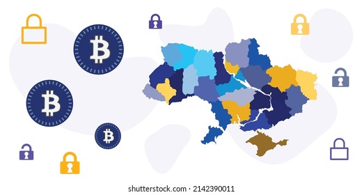 ilustración vectorial de los símbolos ucranianos de mapa y criptodivisa para apoyo financiero con tecnología de cadena de bloques