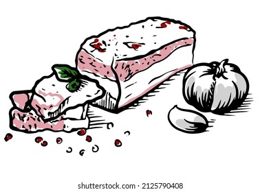 Vector illustration of Ukrainian national cuisine. hand drawing Salo with garlic on a wooden board.