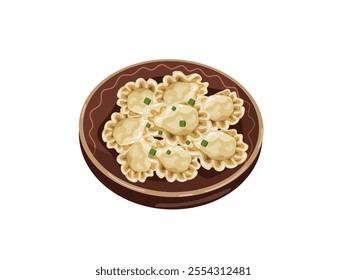 Vector illustration of Ukrainian national dish dumplings in clay pot isolated. Design element for travel maps, posters, website, menu. 