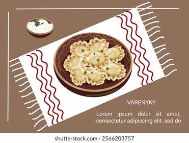 Vector illustration of Ukrainian national dish dumplings in clay pot. Design element for travel maps, posters, website, menu.