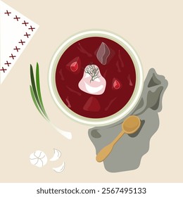 Vector illustration of ukrainian national dish borshch. Design element for travel map, website, poster, menu