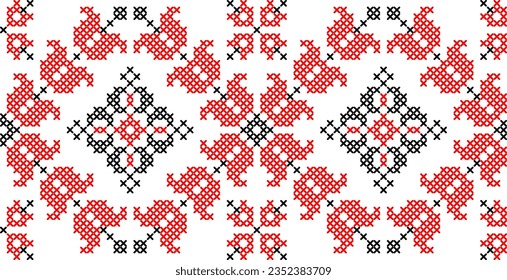 Vector illustration of Ukrainian ornament in ethnic floral style, identity, vyshyvanka, embroidery for print clothes, websites, banners. Background. Geometric design