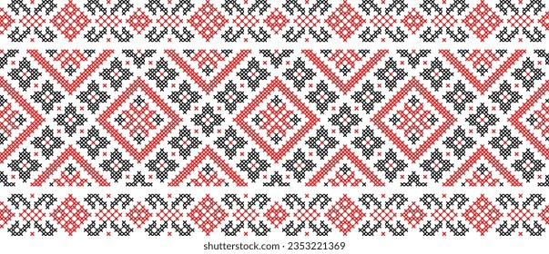 Vector illustration of Ukrainian ornament in ethnic floral style, identity, vyshyvanka, embroidery for print clothes, websites, banners. Background. Geometric design