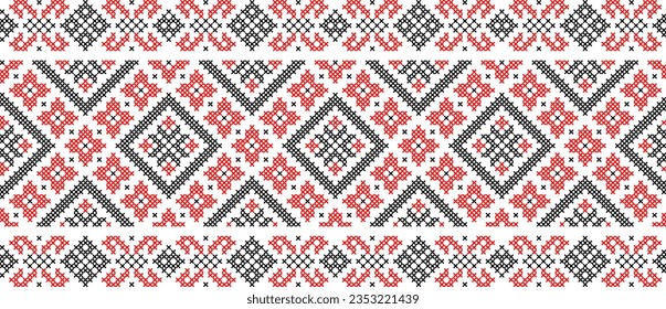 Vector illustration of Ukrainian ornament in ethnic floral style, identity, vyshyvanka, embroidery for print clothes, websites, banners. Background. Geometric design