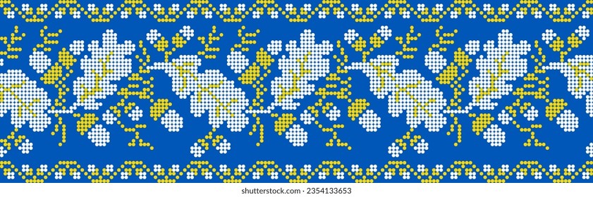 Vector illustration of Ukrainian ornament in ethnic floral style with oak leaves and acorns, identity, vyshyvanka, embroidery for print clothes, websites, banners. background. Floral design, border