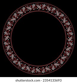 Vector illustration of Ukrainian ornament in ethnic floral style with oak leaves and acorns, identity, vyshyvanka, embroidery for print clothes, websites, banners. background. Floral design, border