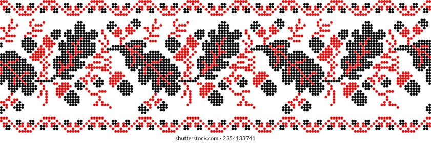 Vector illustration of Ukrainian ornament in ethnic floral style with oak leaves and acorns, identity, vyshyvanka, embroidery for print clothes, websites, banners. background. Floral design, border