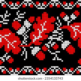 Vector illustration of Ukrainian ornament in ethnic floral style with oak leaves and acorns, identity, vyshyvanka, embroidery for print clothes, websites, banners. background. Floral design, border