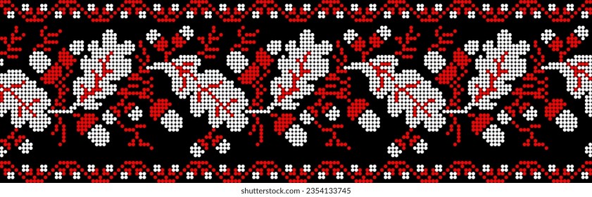 Vector illustration of Ukrainian ornament in ethnic floral style with oak leaves and acorns, identity, vyshyvanka, embroidery for print clothes, websites, banners. background. Floral design, border