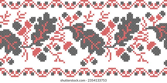 Vector illustration of Ukrainian ornament in ethnic floral style with oak leaves and acorns, identity, vyshyvanka, embroidery for print clothes, websites, banners. background. Floral design, border