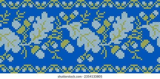 Vector illustration of Ukrainian ornament in ethnic floral style with oak leaves and acorns, identity, vyshyvanka, embroidery for print clothes, websites, banners. background. Floral design, border