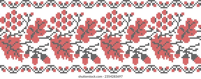 Vector illustration of Ukrainian ornament in ethnic floral style with oak and grape leaves and acorns, bunches of grapes, identity, vyshyvanka, embroidery for websites, banners. Background