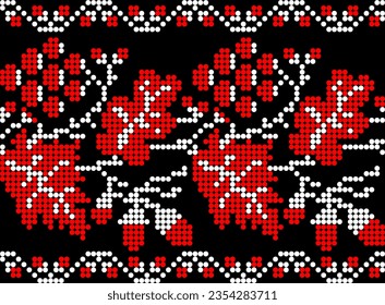 Vector illustration of Ukrainian ornament in ethnic floral style with oak and grape leaves and acorns, bunches of grapes, identity, vyshyvanka, embroidery for websites, banners. Background