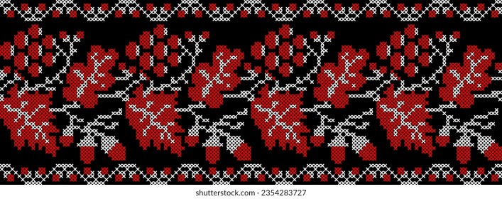 Vector illustration of Ukrainian ornament in ethnic floral style with oak and grape leaves and acorns, bunches of grapes, identity, vyshyvanka, embroidery for websites, banners. Background