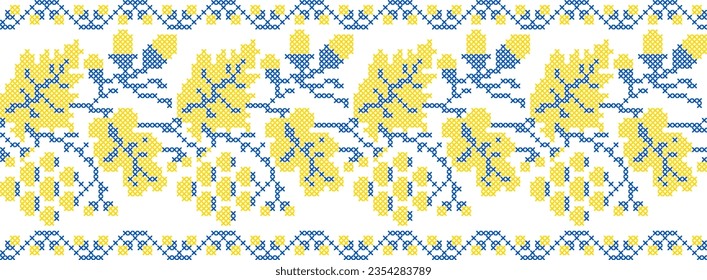 Vector illustration of Ukrainian ornament in ethnic floral style with oak and grape leaves and acorns, bunches of grapes, identity, vyshyvanka, embroidery for websites, banners. Background