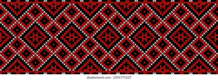 Vector illustration of Ukrainian ornament in ethnic style, identity, vyshyvanka, embroidery for print clothes, websites, banners. Background. Geometric design, border, copy space, frame