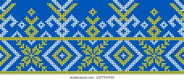 Vector illustration of Ukrainian ornament in ethnic style, identity, vyshyvanka, embroidery for print clothes, websites, banners. Background. Geometric design, border, copy space, frame