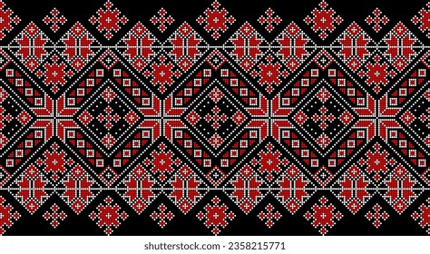 Vector illustration of Ukrainian ornament in ethnic style, identity, vyshyvanka, embroidery for print clothes, websites, banners. Background. Geometric design, border, copy space, frame