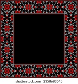 Vector illustration of Ukrainian ornament in ethnic style, identity, vyshyvanka, embroidery for print clothes, websites, banners. Background. Geometric design, border, copy space, frame