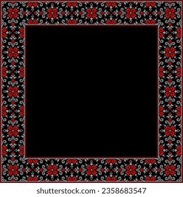 Vector illustration of Ukrainian ornament in ethnic style, identity, vyshyvanka, embroidery for print clothes, websites, banners. Background. Geometric design, border, copy space, frame