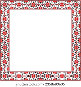 Vector illustration of Ukrainian ornament in ethnic style, identity, vyshyvanka, embroidery for print clothes, websites, banners. Background. Geometric design, border, copy space, frame