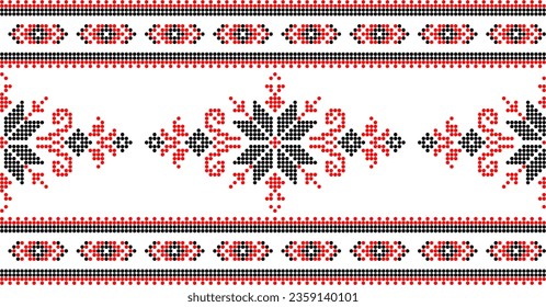 Vector illustration of Ukrainian ornament in ethnic style, identity, vyshyvanka, embroidery for print clothes, websites, banners. Background. Geometric design, border, copy space, frame