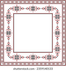 Vector illustration of Ukrainian ornament in ethnic style, identity, vyshyvanka, embroidery for print clothes, websites, banners. Background. Geometric design, border, copy space, frame