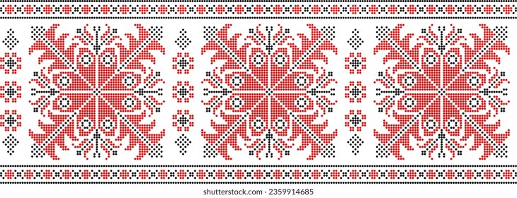 Vector illustration of Ukrainian ornament in ethnic style, identity, vyshyvanka, embroidery for print clothes, websites, banners. Background. Geometric design, border, copy space, frame