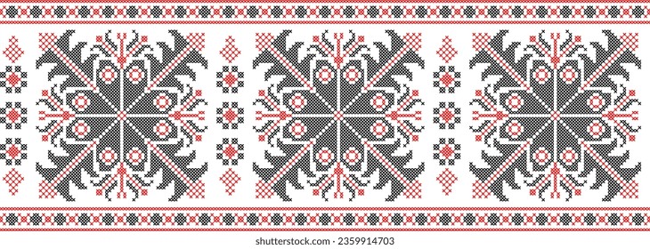 Vector illustration of Ukrainian ornament in ethnic style, identity, vyshyvanka, embroidery for print clothes, websites, banners. Background. Geometric design, border, copy space, frame