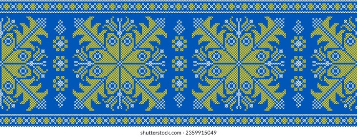 Vector illustration of Ukrainian ornament in ethnic style, identity, vyshyvanka, embroidery for print clothes, websites, banners. Background. Geometric design, border, copy space, frame