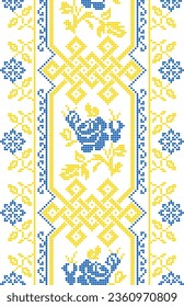 Vector illustration of Ukrainian ornament in ethnic style, identity, vyshyvanka, embroidery for print clothes, websites, banners. Background. Geometric design, border, copy space, frame