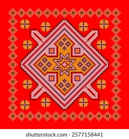 Vector illustration of Ukrainian ornament in ethnic style, identity, vyshyvanka, embroidery for print clothes, websites, banners. Background. Geometric design, border, copy space, frame