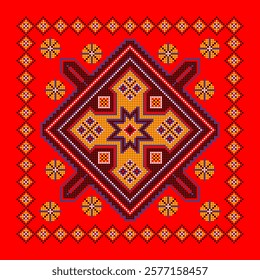 Vector illustration of Ukrainian ornament in ethnic style, identity, vyshyvanka, embroidery for print clothes, websites, banners. Background. Geometric design, border, copy space, frame