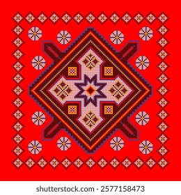 Vector illustration of Ukrainian ornament in ethnic style, identity, vyshyvanka, embroidery for print clothes, websites, banners. Background. Geometric design, border, copy space, frame