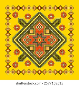 Vector illustration of Ukrainian ornament in ethnic style, identity, vyshyvanka, embroidery for print clothes, websites, banners. Background. Geometric design, border, copy space, frame