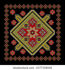 Vector illustration of Ukrainian ornament in ethnic style, identity, vyshyvanka, embroidery for print clothes, websites, banners. Background. Geometric design, border, copy space, frame