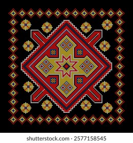 Vector illustration of Ukrainian ornament in ethnic style, identity, vyshyvanka, embroidery for print clothes, websites, banners. Background. Geometric design, border, copy space, frame