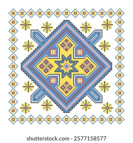 Vector illustration of Ukrainian ornament in ethnic style, identity, vyshyvanka, embroidery for print clothes, websites, banners. Background. Geometric design, border, copy space, frame