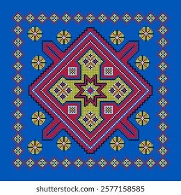 Vector illustration of Ukrainian ornament in ethnic style, identity, vyshyvanka, embroidery for print clothes, websites, banners. Background. Geometric design, border, copy space, frame